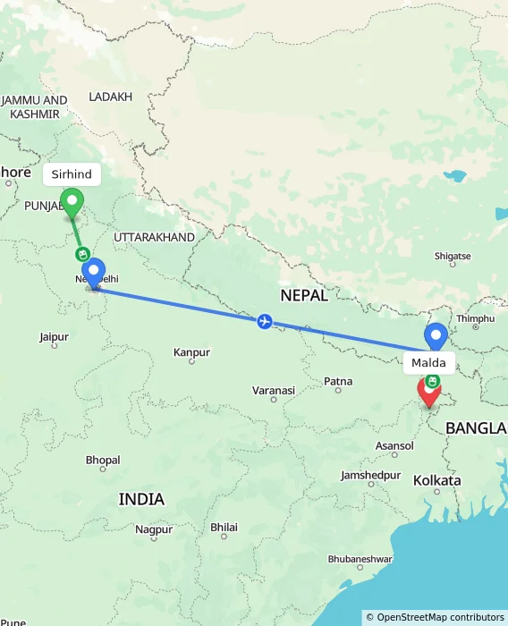 Route map showing distance and travel time from Sirhind, India to Malda, India