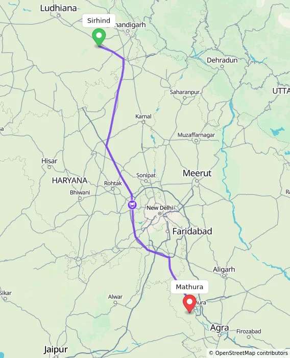 Route map showing distance and travel time from Sirhind, India to Mathura, India