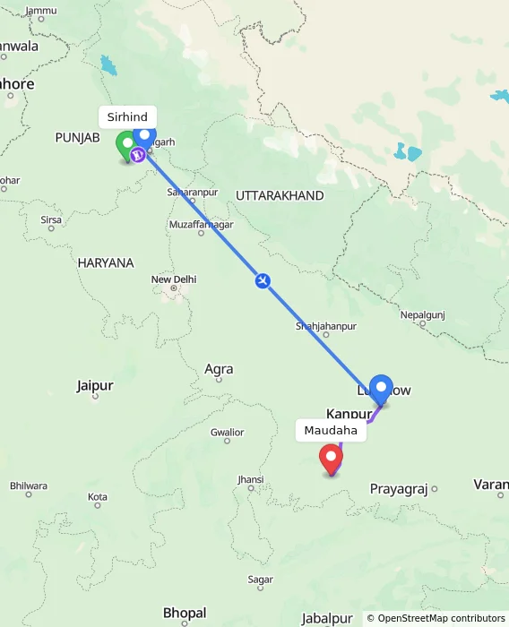 Route map showing distance and travel time from Sirhind, India to Maudaha, India