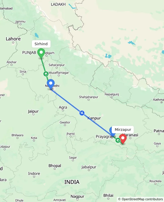 Route map showing distance and travel time from Sirhind, India to Mirzapur, India