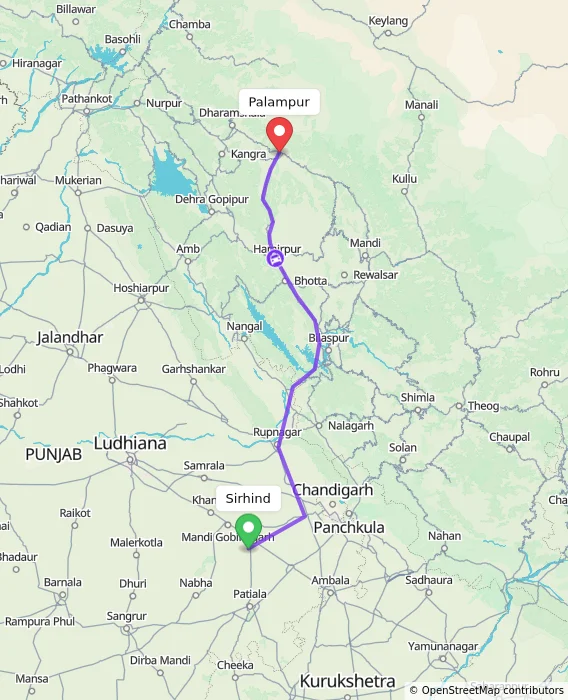 Route map showing distance and travel time from Sirhind, India to Palampur, India