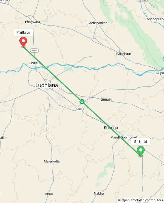 Route map showing distance and travel time from Sirhind, India to Phillaur, India