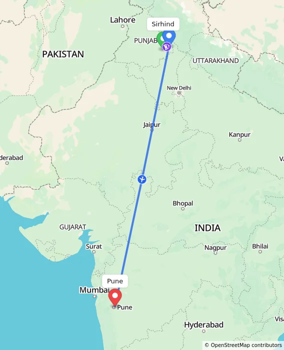 Route map showing distance and travel time from Sirhind, India to Pune, India