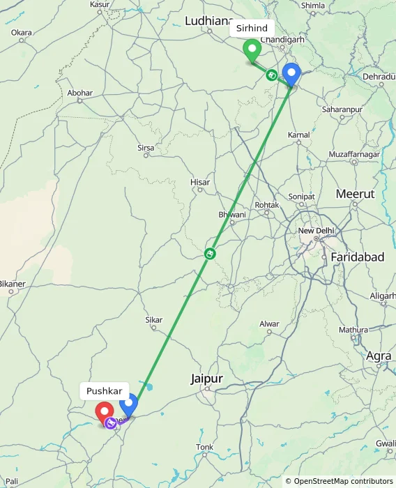 Route map showing distance and travel time from Sirhind, India to Pushkar, India
