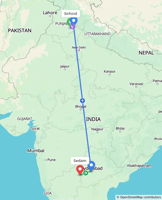 Route map showing distance and travel time from Sirhind, India to Sedam, India