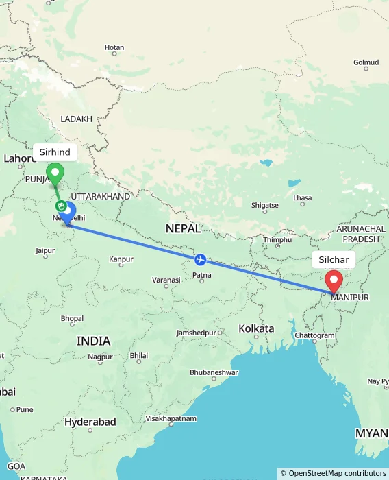 Route map showing distance and travel time from Sirhind, India to Silchar, India