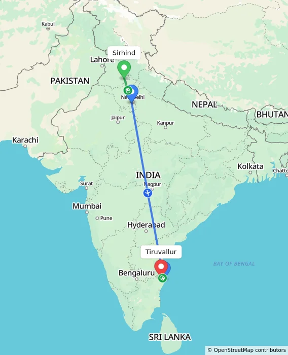 Route map showing distance and travel time from Sirhind, India to Tiruvallur, India