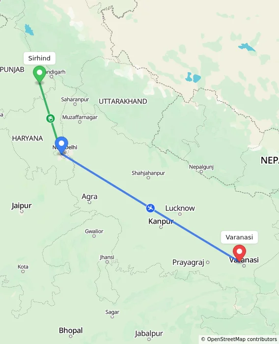 Route map showing distance and travel time from Sirhind, India to Varanasi, India
