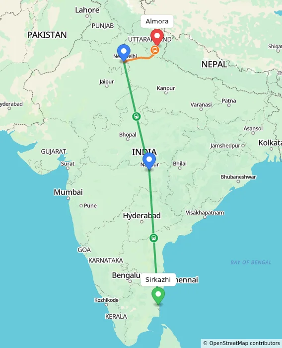 Route map showing distance and travel time from Sirkazhi, India to Almora, India