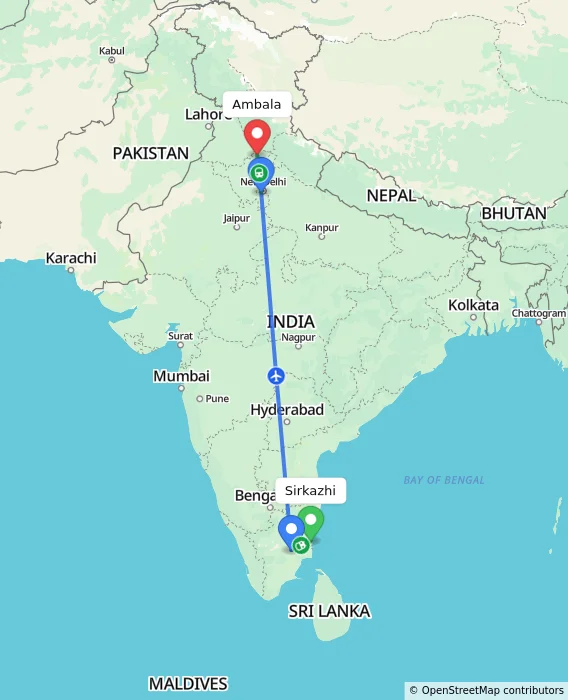 Route map showing distance and travel time from Sirkazhi, India to Ambala, India