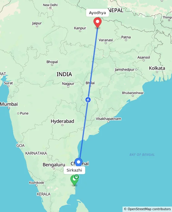 Route map showing distance and travel time from Sirkazhi, India to Ayodhya, India