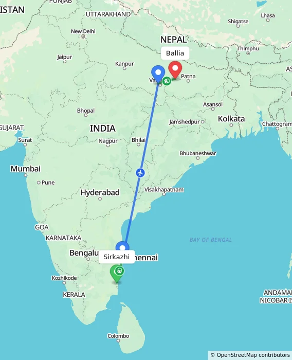 Route map showing distance and travel time from Sirkazhi, India to Ballia, India