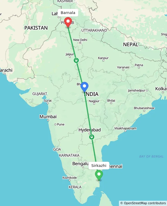 Route map showing distance and travel time from Sirkazhi, India to Barnala, India