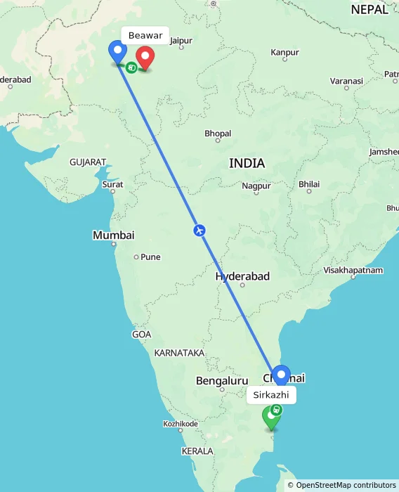 Route map showing distance and travel time from Sirkazhi, India to Beawar, India