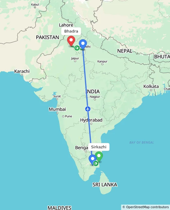 Route map showing distance and travel time from Sirkazhi, India to Bhadra, India