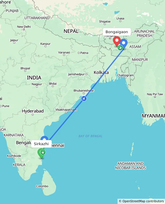 Route map showing distance and travel time from Sirkazhi, India to Bongaigaon, India