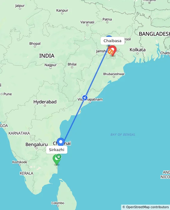 Route map showing distance and travel time from Sirkazhi, India to Chaibasa, India