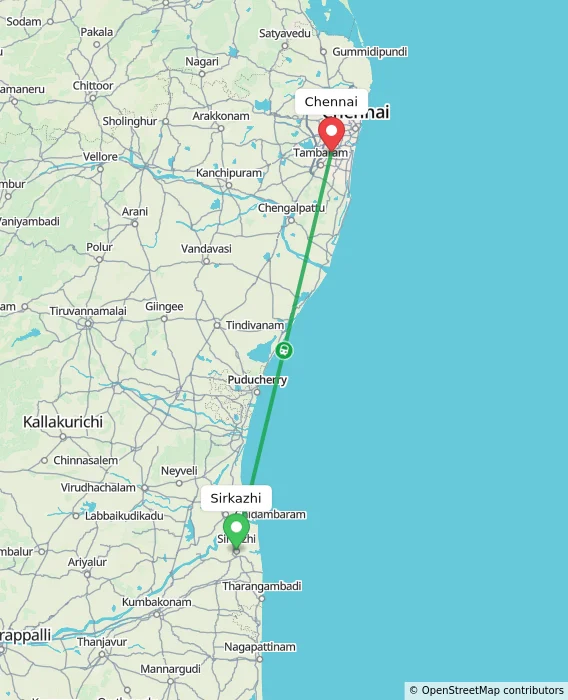 Route map showing distance and travel time from Sirkazhi, India to Chennai, India