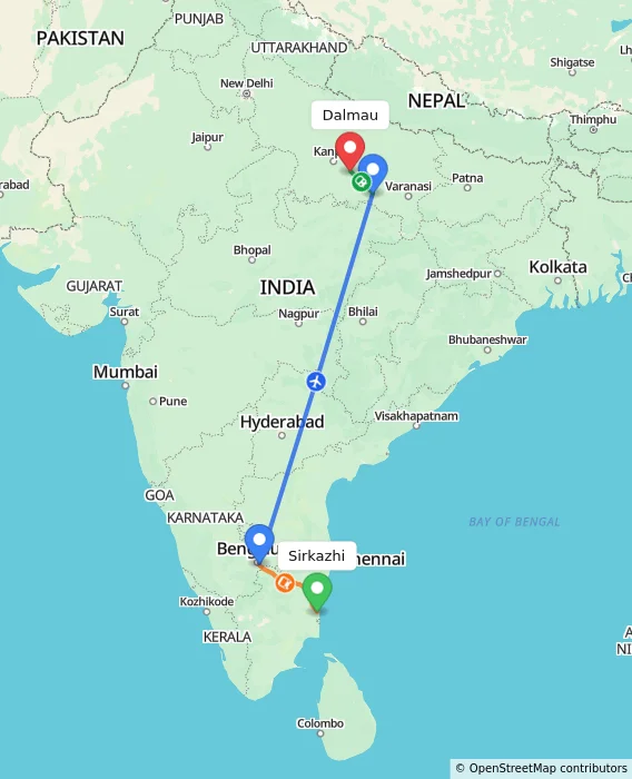 Route map showing distance and travel time from Sirkazhi, India to Dalmau, India