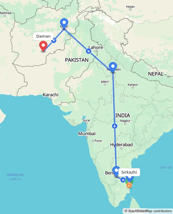 Route map showing distance and travel time from Sirkazhi, India to Daman, Afghanistan