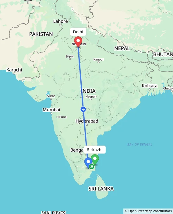 Route map showing distance and travel time from Sirkazhi, India to Delhi, India