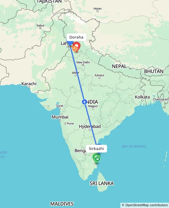 Route map showing distance and travel time from Sirkazhi, India to Doraha, India