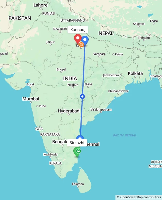 Route map showing distance and travel time from Sirkazhi, India to Kannauj, India