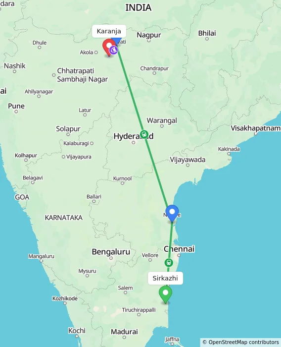 Route map showing distance and travel time from Sirkazhi, India to Karanja, India