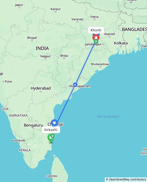 Route map showing distance and travel time from Sirkazhi, India to Khunti, India