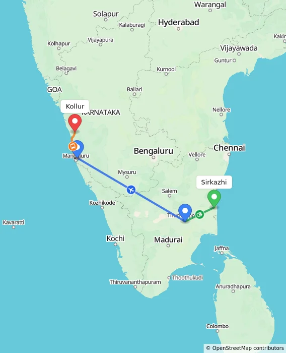 Route map showing distance and travel time from Sirkazhi, India to Kollur, India
