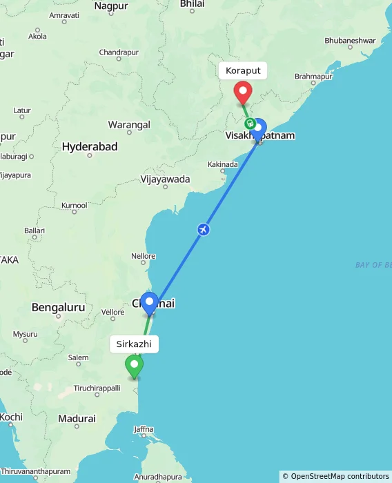 Route map showing distance and travel time from Sirkazhi, India to Koraput, India