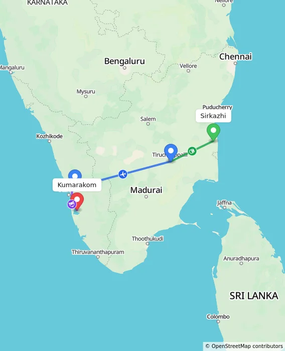 Route map showing distance and travel time from Sirkazhi, India to Kumarakom, India
