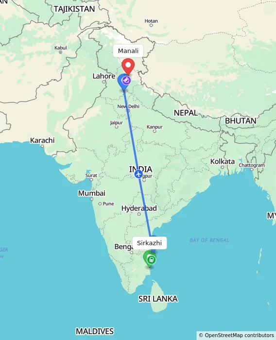 Route map showing distance and travel time from Sirkazhi, India to Manali, India