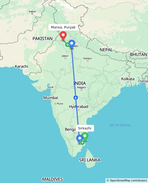 Route map showing distance and travel time from Sirkazhi, India to Mansa, Punjab, India