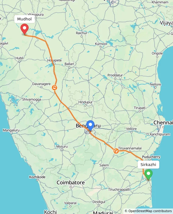 Route map showing distance and travel time from Sirkazhi, India to Mudhol, India