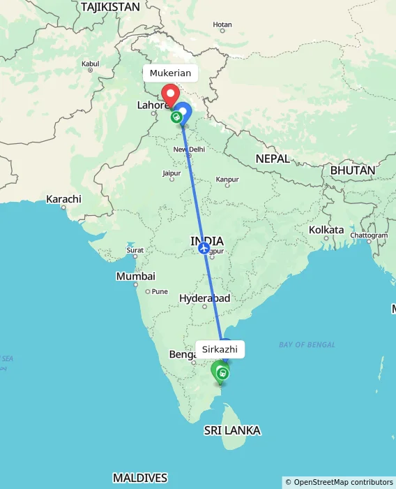 Route map showing distance and travel time from Sirkazhi, India to Mukerian, India