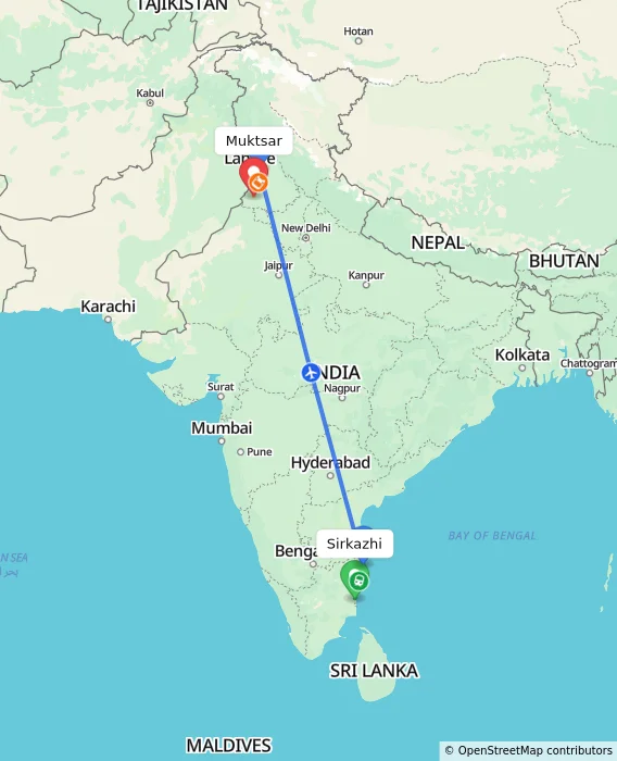 Route map showing distance and travel time from Sirkazhi, India to Muktsar, India