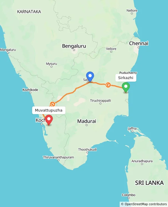Route map showing distance and travel time from Sirkazhi, India to Muvattupuzha, India