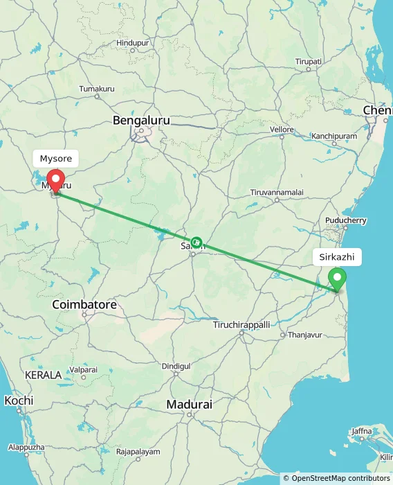Route map showing distance and travel time from Sirkazhi, India to Mysore, India