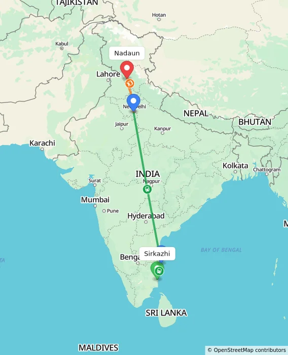 Route map showing distance and travel time from Sirkazhi, India to Nadaun, India