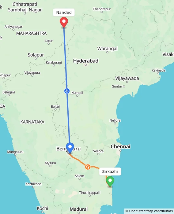 Route map showing distance and travel time from Sirkazhi, India to Nanded, India
