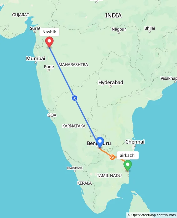 Route map showing distance and travel time from Sirkazhi, India to Nashik, India