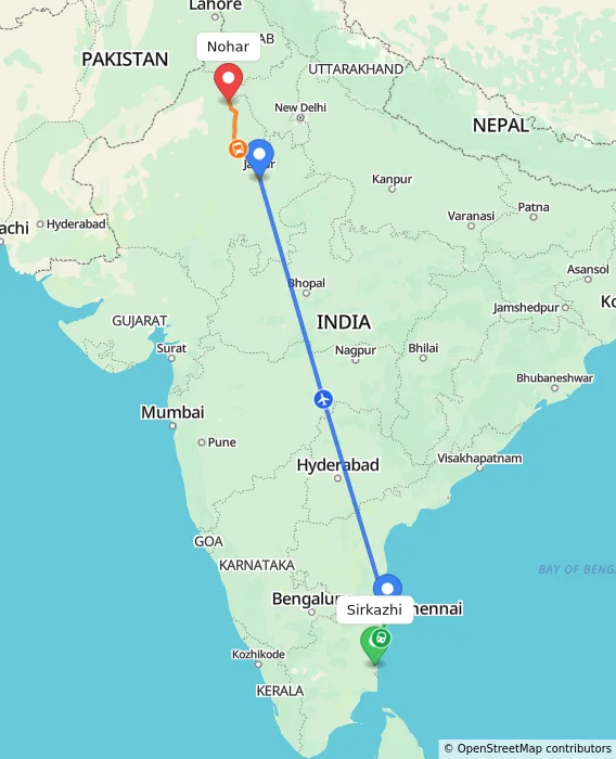 Route map showing distance and travel time from Sirkazhi, India to Nohar, India