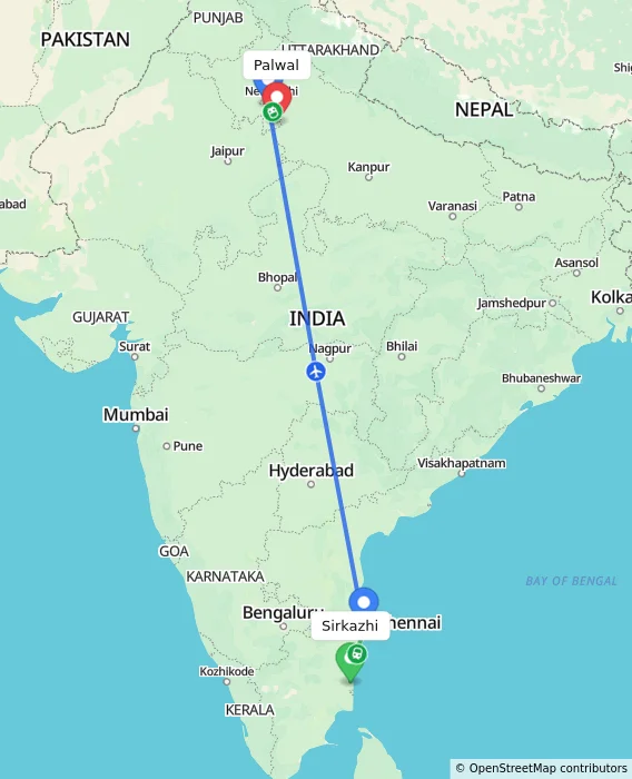 Route map showing distance and travel time from Sirkazhi, India to Palwal, India