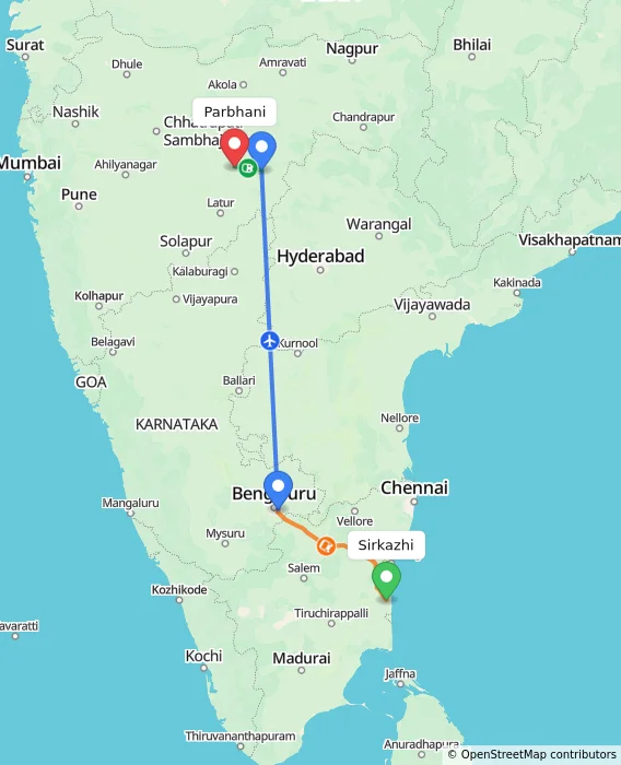 Route map showing distance and travel time from Sirkazhi, India to Parbhani, India