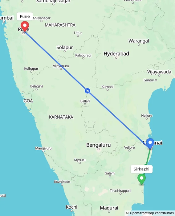 Route map showing distance and travel time from Sirkazhi, India to Pune, India