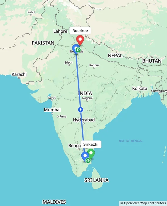 Route map showing distance and travel time from Sirkazhi, India to Roorkee, India