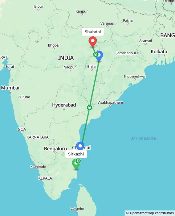 Route map showing distance and travel time from Sirkazhi, India to Shahdol, India