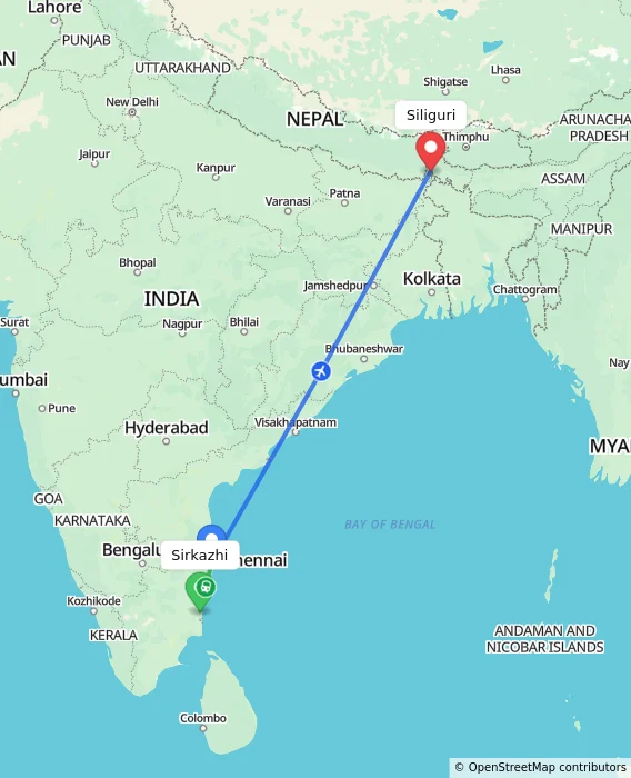 Route map showing distance and travel time from Sirkazhi, India to Siliguri, India