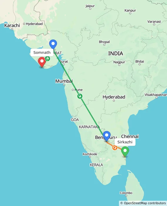 Route map showing distance and travel time from Sirkazhi, India to Somnath, India